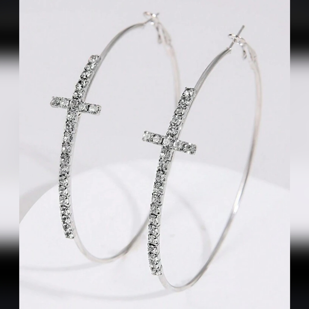 Silver Rhinestone Cross Hoop Earrings